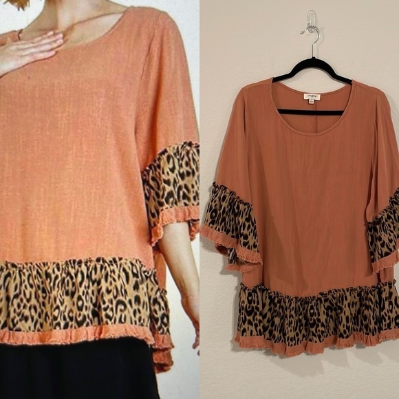 Umgee Women’s Bell Sleeve Tunic Large Pink & Animal Print Ruffle Linen Cotton - Picture 1 of 13